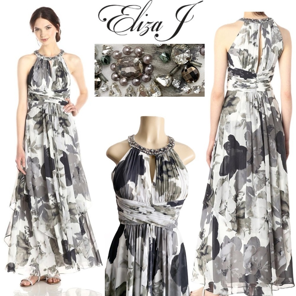 Eliza J Gray Floral Chiffon Halter Maxi Dress Beaded Formal Gown Event Wedding 2